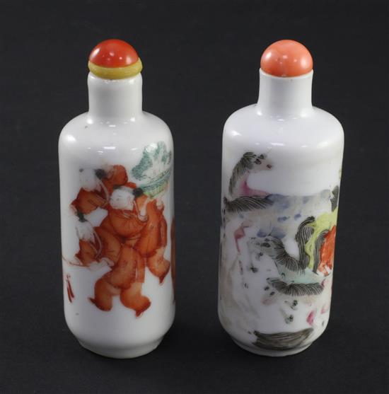 Two Chinese enamelled porcelain cylindrical snuff bottles, 1821-1850, 7.5cm